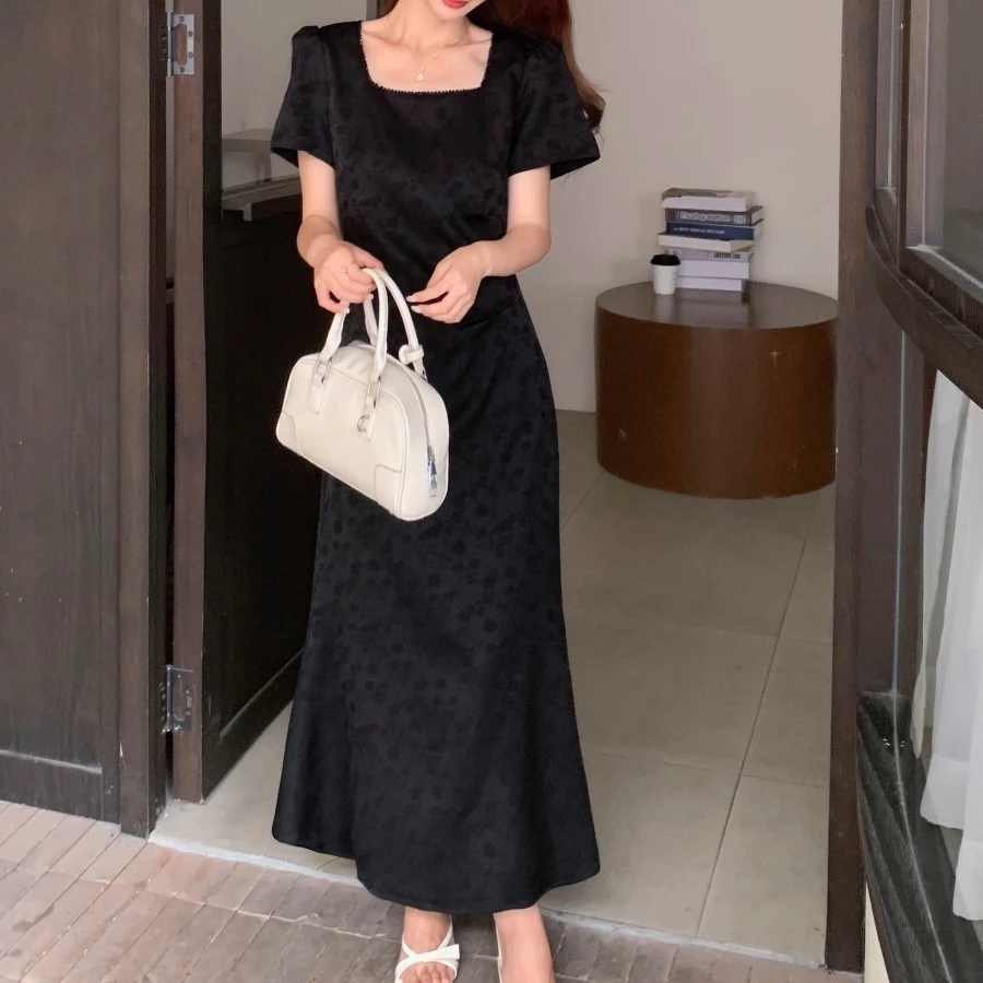 无印心匠B29272 新款复古掐腰方领黑色提花夏季连衣裙女 K888
