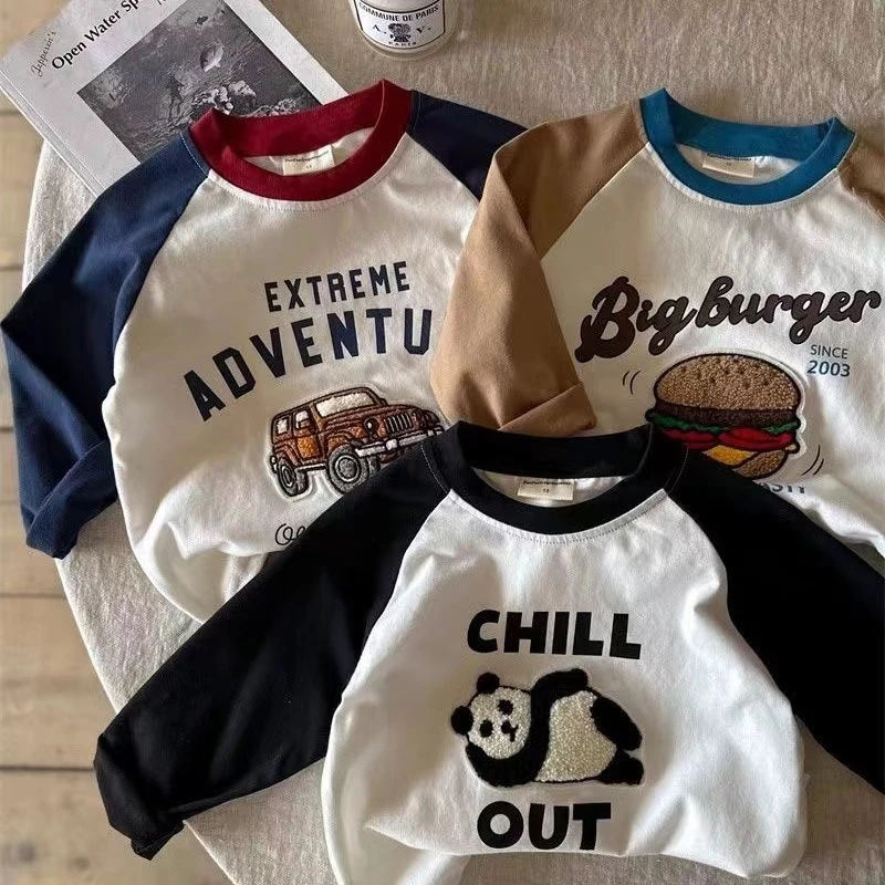 春季男女童长袖打底衫2025新款卡通拼接上衣纯棉宝宝小童韩版拼色