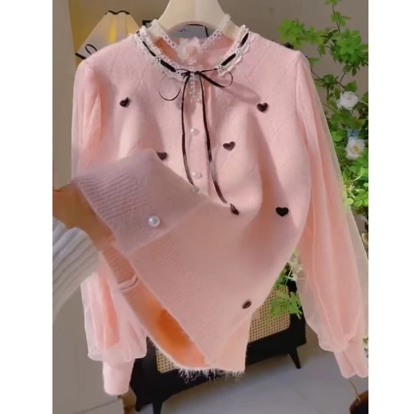 小香风2025新款春款洋气减龄纱袖针织开衫外套外穿洋气女装毛衣潮