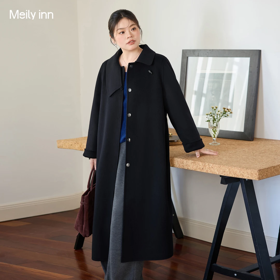 美丽客栈2025秋冬大码女装胖mm巨显瘦正肩过膝羊毛羊绒双面呢大衣