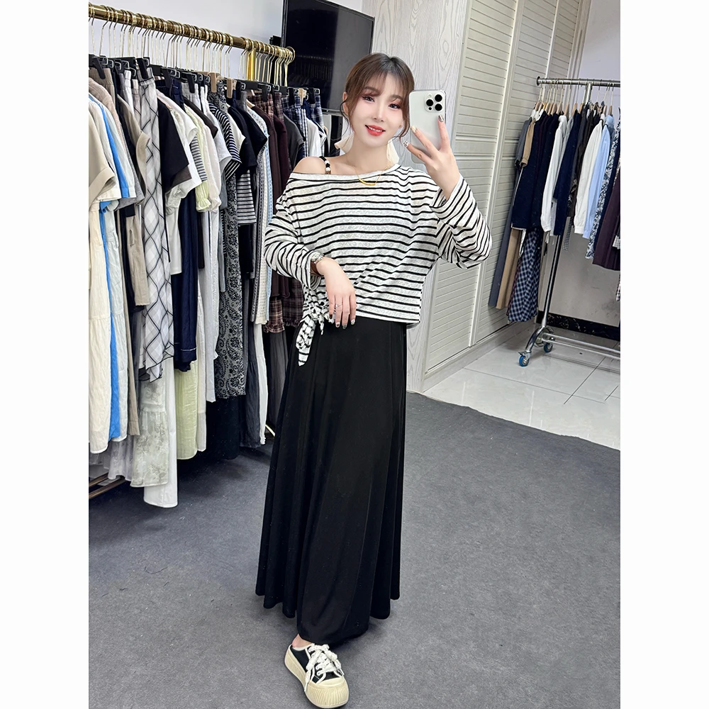 慵懒条纹斜肩防晒薄款罩衫吊带裙套装女2025秋季新款连衣裙两件套