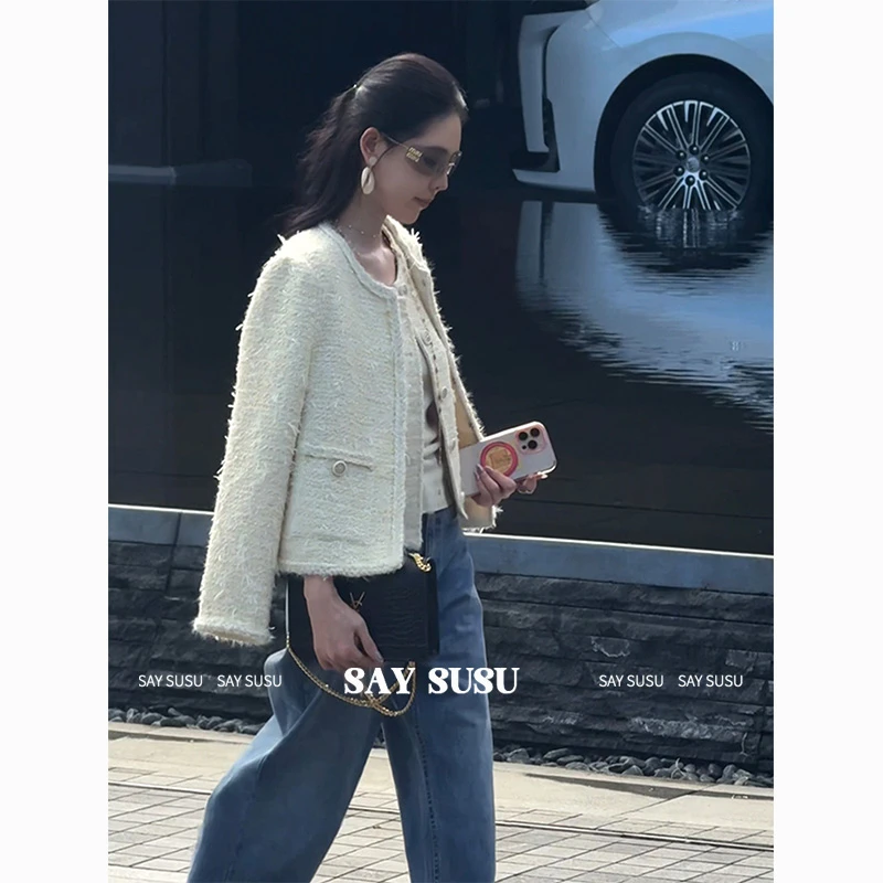 SAYSUSU 【月下山茶】法式设计师气质轻奢名媛奶白羊毛外套
