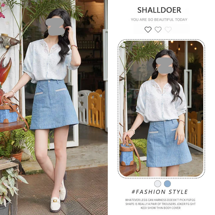 高级淑女风套装女2025夏季高级感蕾丝拼接短袖衬衫牛仔裙裤两件套
