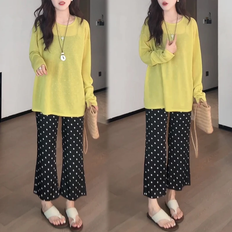 2025夏季新款欧货圆领薄款简约长袖空调针织罩衫休闲裤两件套装女