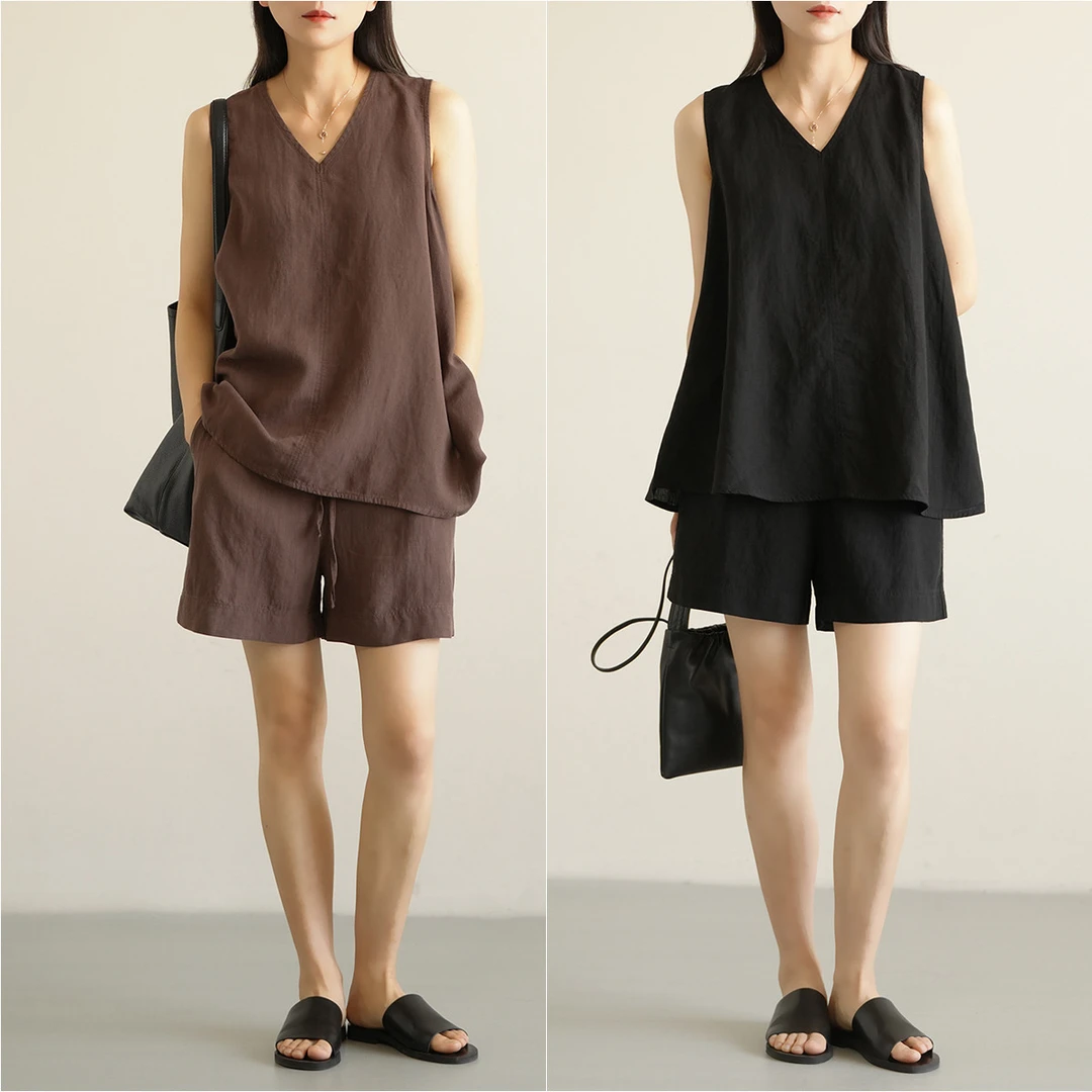 单件拍莱赛尔亚麻女士V领背心夏季无袖纯色宽松阔腿短裤夏款女装