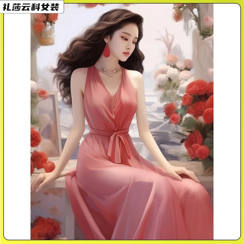 1温柔系气质穿搭法式小众设计长裙感绝美粉色挂脖连衣裙女春夏l