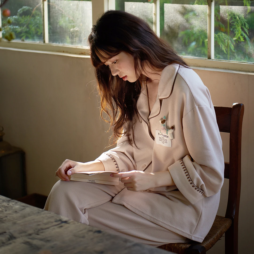 思莉太太【绯闻校花】可外出睡衣春秋女长袖长裤甜美套装大码家居服