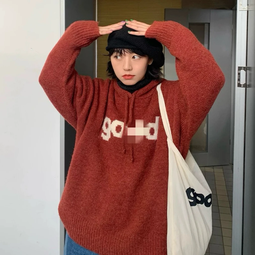 羊毛混纺简约字母提花毛衣慵懒风针织连帽帽衫 男女同款w6157