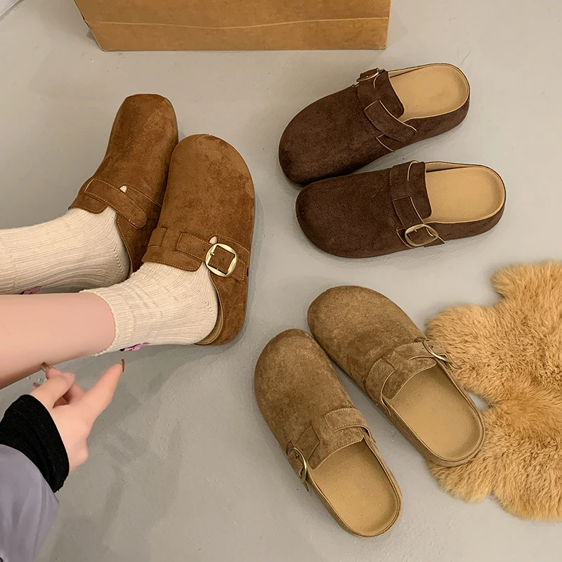 5CM厚底内增高包头勃肯拖鞋女外穿2025秋季新款一脚蹬博肯鞋半拖