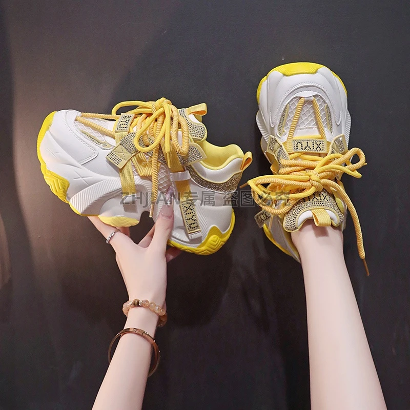 【秋季新款】网红时尚情侣鞋水钻老爹鞋网面透气百搭厚底休闲运动鞋