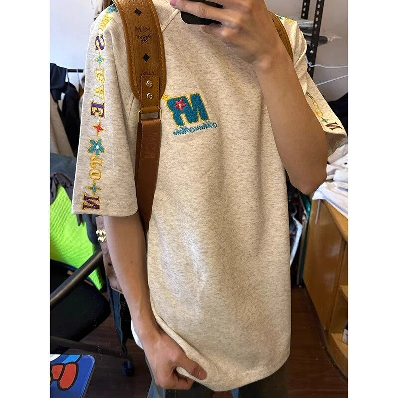 美式复古花灰色字母刺绣T恤男夏季重磅高级感纯棉短袖设计感半袖
