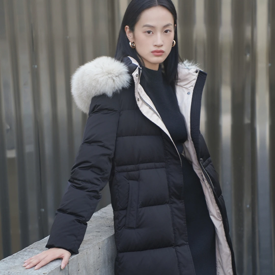COVERINS冬季休闲连帽狐狸毛领长款羽绒服CC34508330