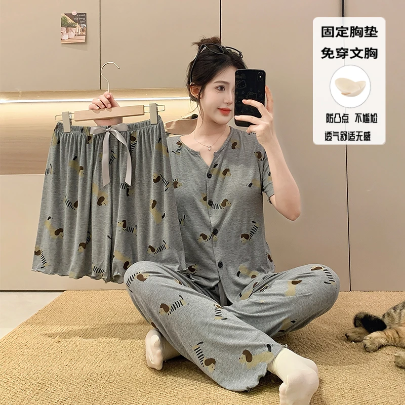 夏季腊肠狗卡通短袖睡衣女款学生慵懒风带胸垫家居服三件套可外穿