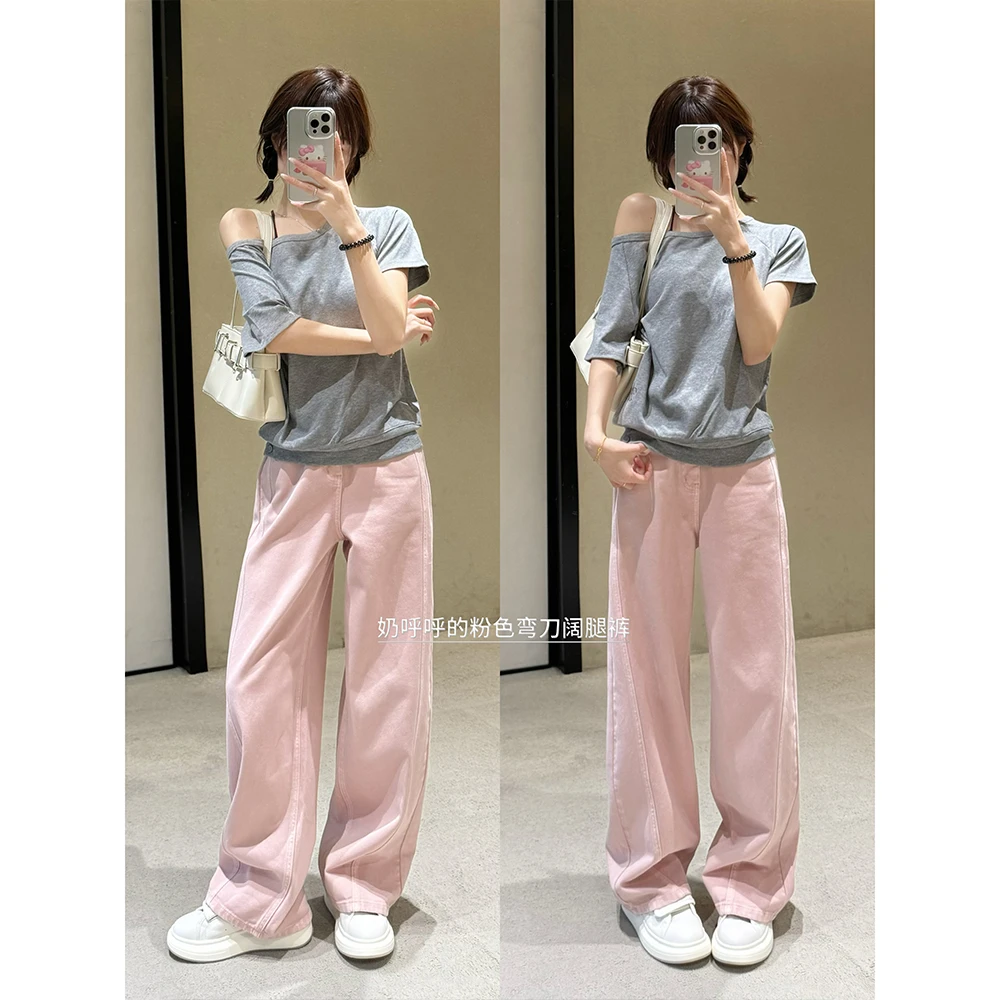 2025年夏季新款阔腿弯刀裤小个子宽松直筒牛仔裤女68007