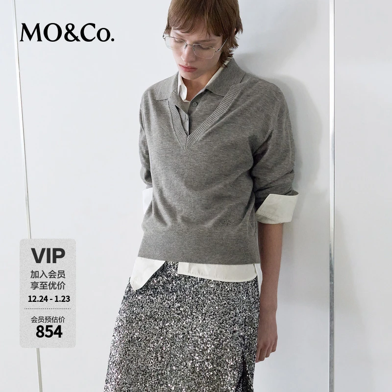 MOCO针织衫2025春新品两件套V领无袖POLO领轻柔格雷系MBE1SWTT09