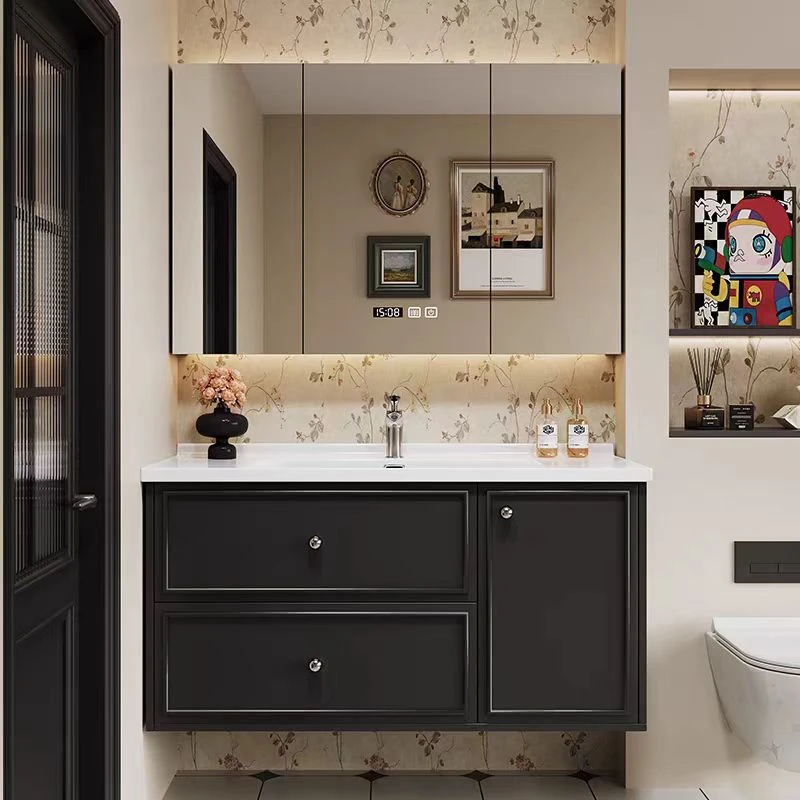 橡木烤漆法式复古浴室柜组合岩板陶瓷一体盆洗手池洗脸洗漱台