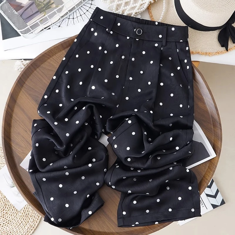 黑色波点冰丝阔腿裤女2025夏季新款小个子裤子宽松垂感休闲直筒裤