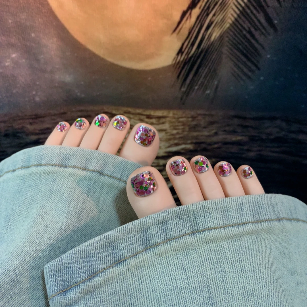 31D（14片纯手工脚趾甲)彩色亮片光疗闪粉牢固重复用显白穿戴脚甲