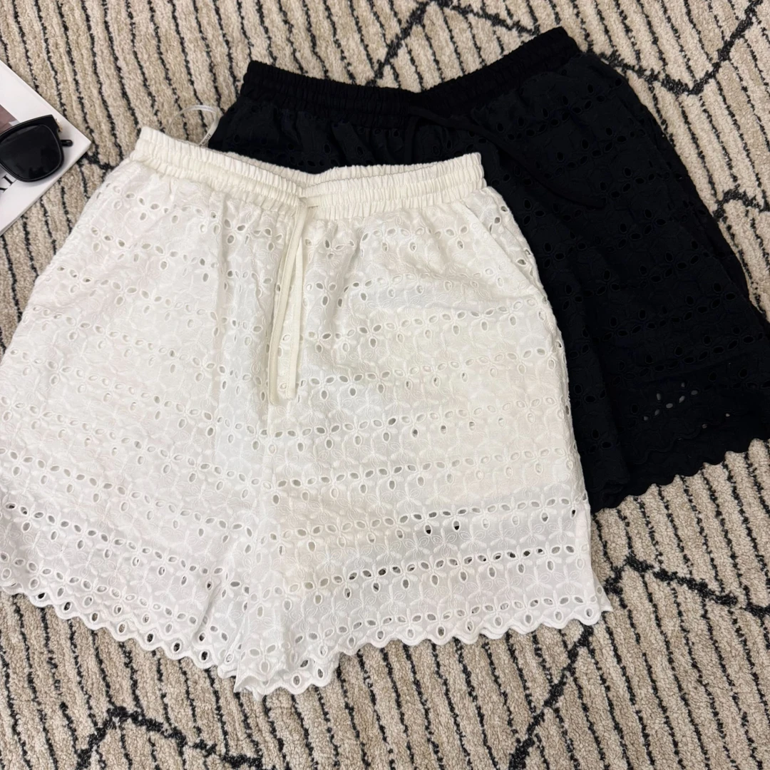 韩版百搭显瘦镂空花边直筒阔腿裤短裤女