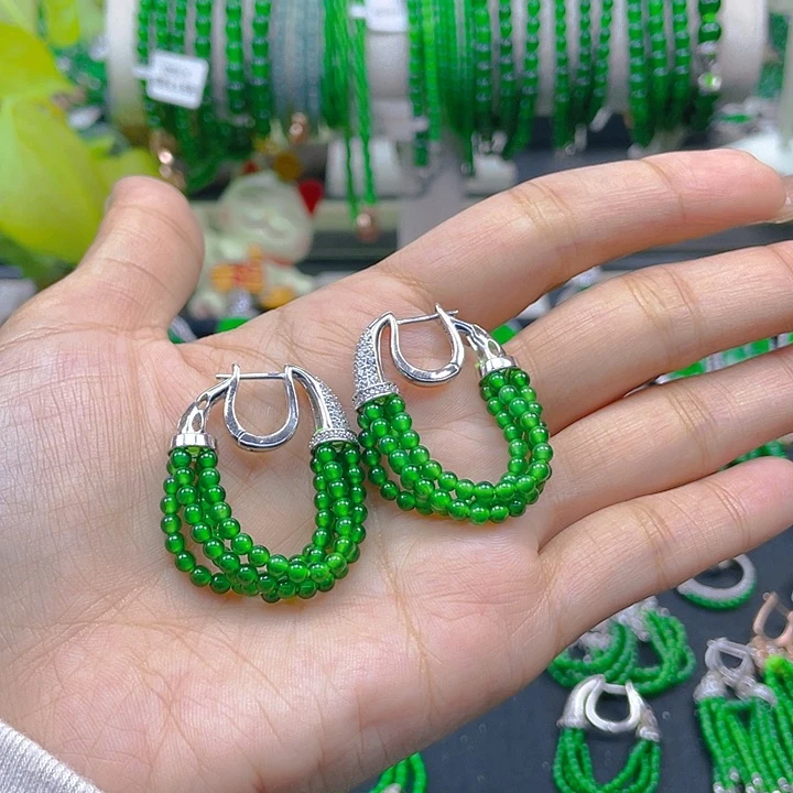 翡翠耳饰银S925镶嵌媚**生明星同款