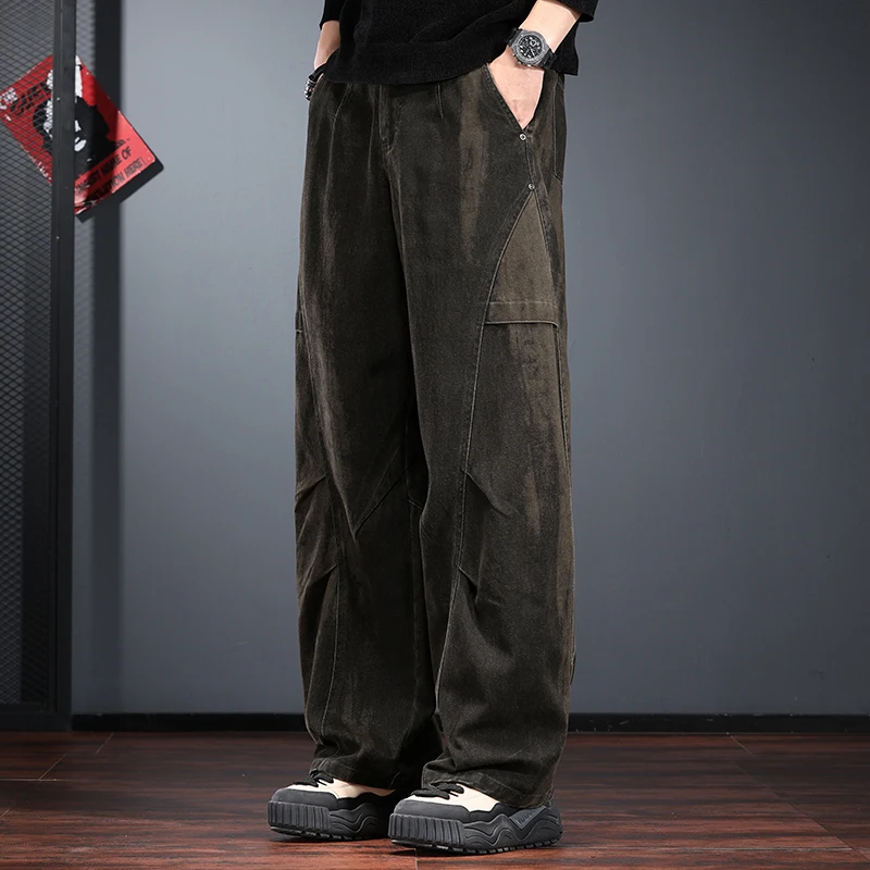褶皱宽松直筒阔腿裤男美式复古废土风脏脏裤秋冬款迷彩工装休闲裤