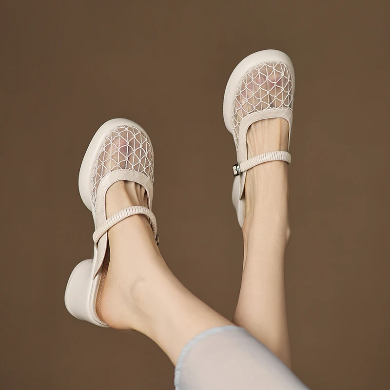 羊皮+冰丝网纱/6cm粗跟防水台厚底拖鞋女夏季新款软皮软面厚底鞋