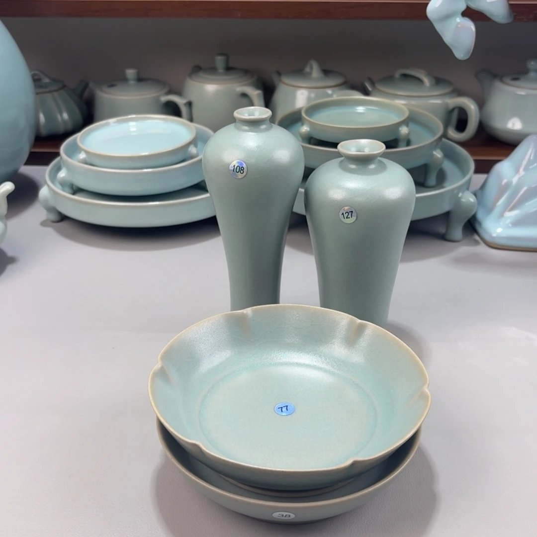 摆件瓷微瑕汝窑仿古釉圆洗＋葵口洗＋两个瓶子