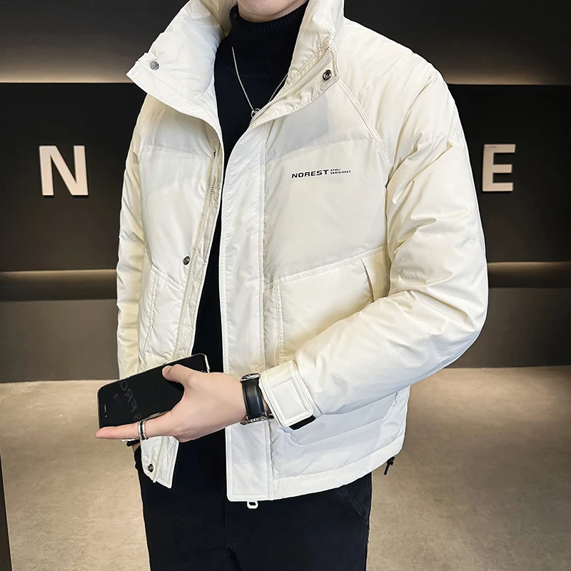 白鸭绒羽绒服男冬季加厚保暖防寒服男生休闲百搭立领白色冬装外套