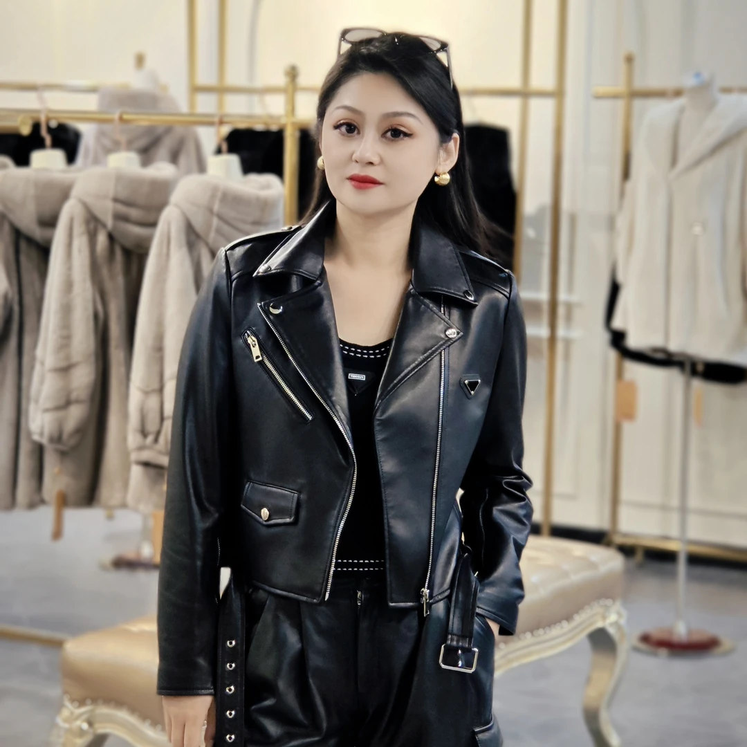 皇家贵夫人真皮绵羊皮机车款短款拉链皮衣外套皮夹克