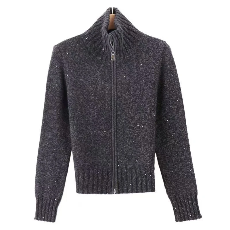 4亮片针织双拉链开衫时尚短款百搭休闲高领开衫