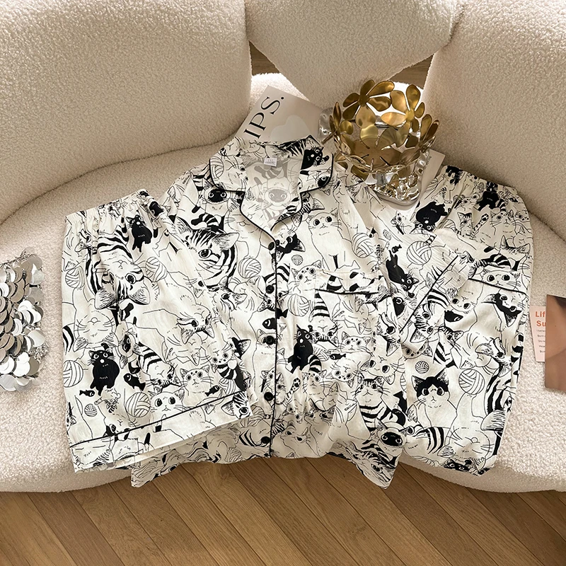 【慵懒猫】三件套短袖短裤大码250斤睡衣女可外穿家居服套装