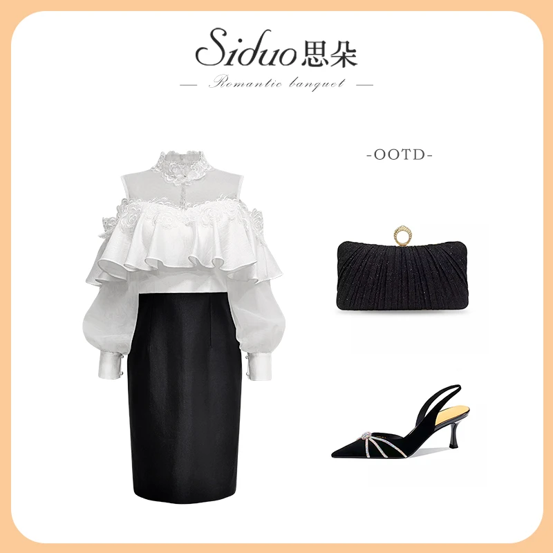 Y24262礼服女拼接高腰时尚简约气质女神荷叶边名媛晚宴日常连衣裙