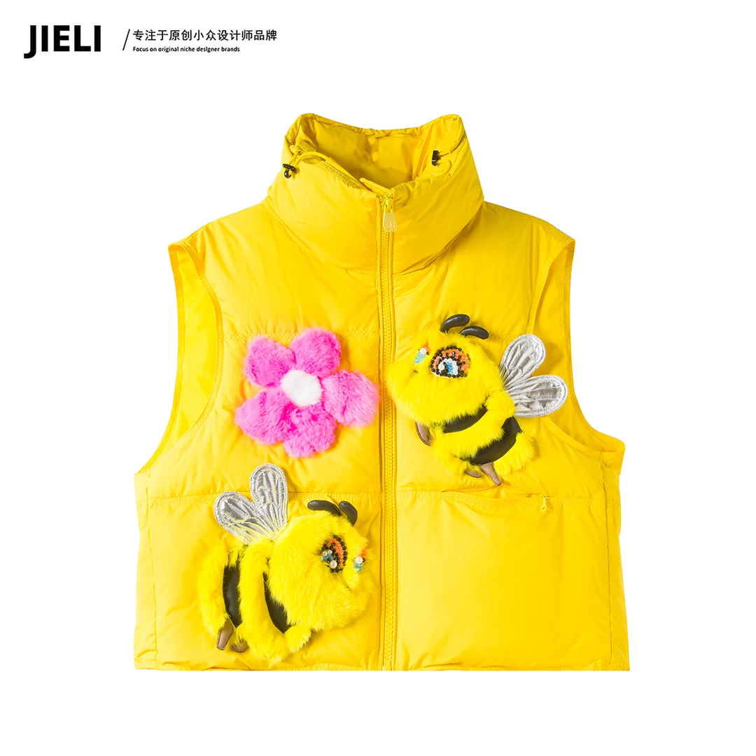 JIE LI/街力高奢原创小众设计师手工定制款黄色马甲羽绒女T9957