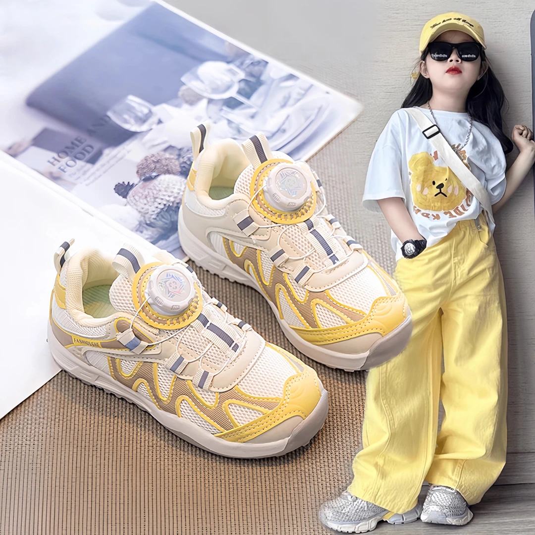 ABC女童运动童鞋2025秋季新款儿童鞋子透气网鞋中大童旋钮跑步鞋