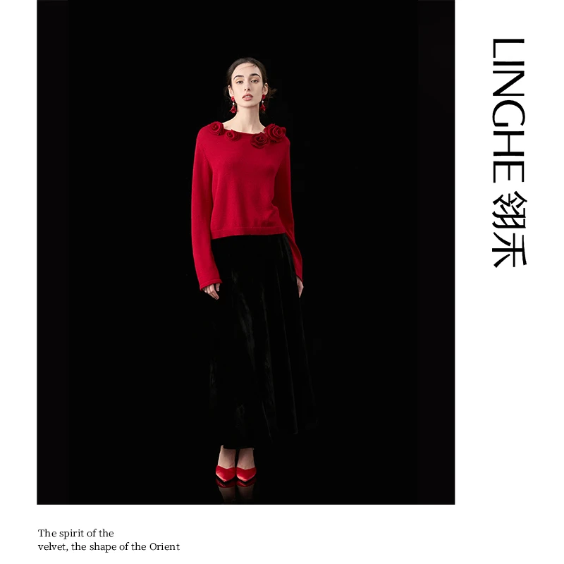 翎禾LINGHE「玫瑰的故事 」-立体花朵套衫100绵羊毛