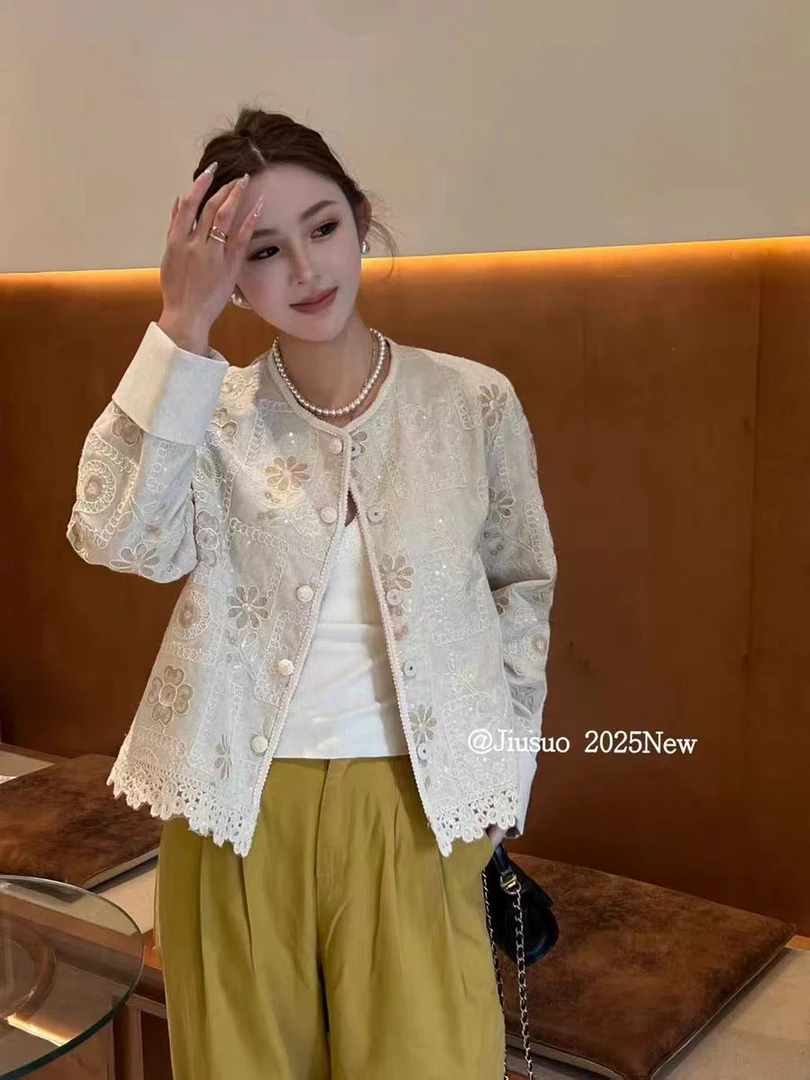 【YA JUN JIA】88家新中式国风刺绣钉珠薄款蕾丝小香风高级感外套