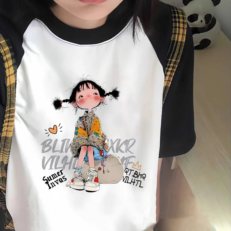 宽松型小女孩印花短袖T恤女小众设计感半袖打底衫圆领上衣ins