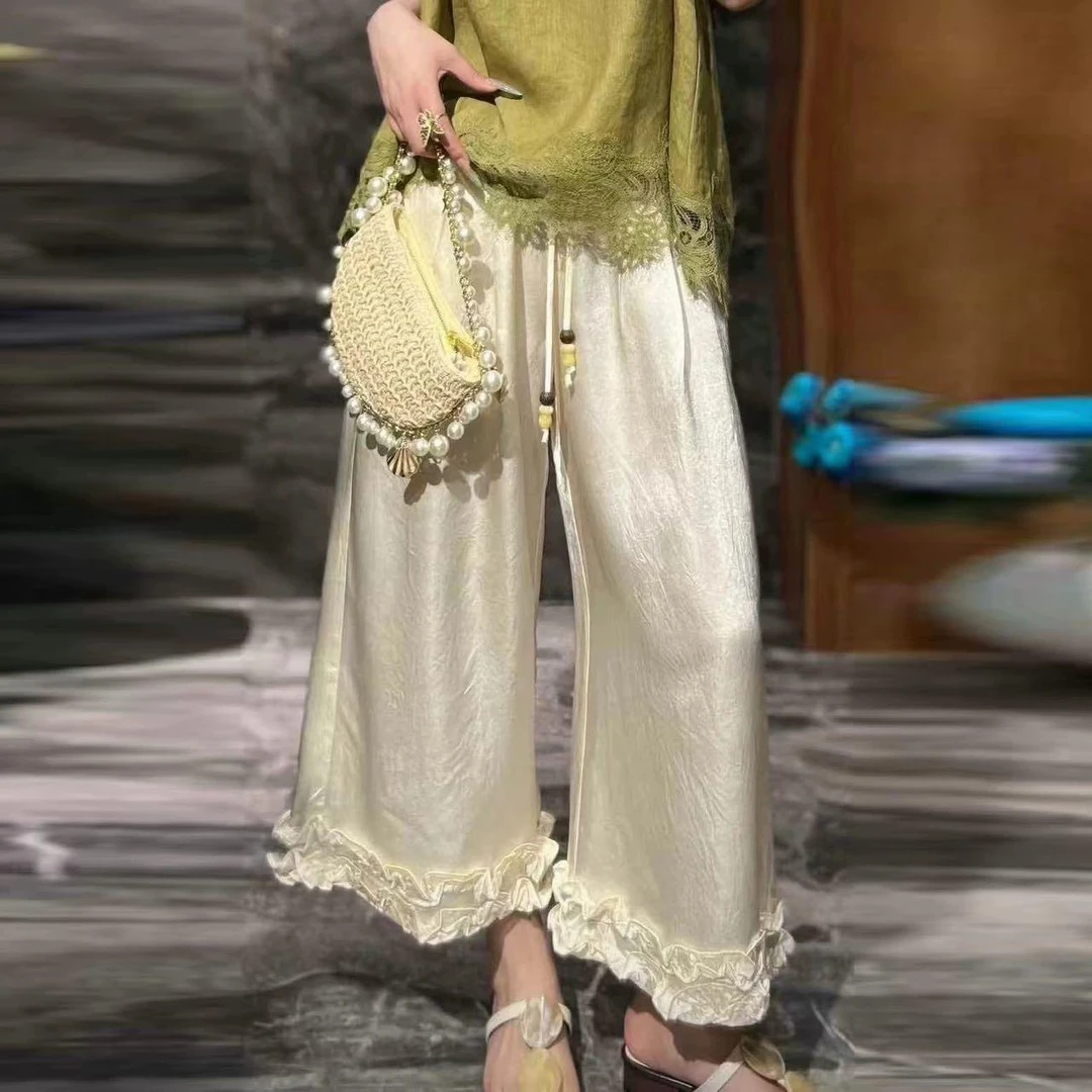 抽绳收腰拼接木耳边下摆休闲直筒醋酸阔腿裤85219