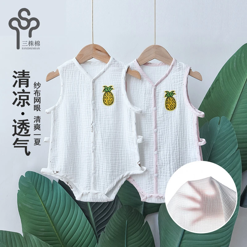 宝宝棉麻纱布背心式哈衣婴儿镂空琵琶衣夏季薄款透气包屁衣纯棉