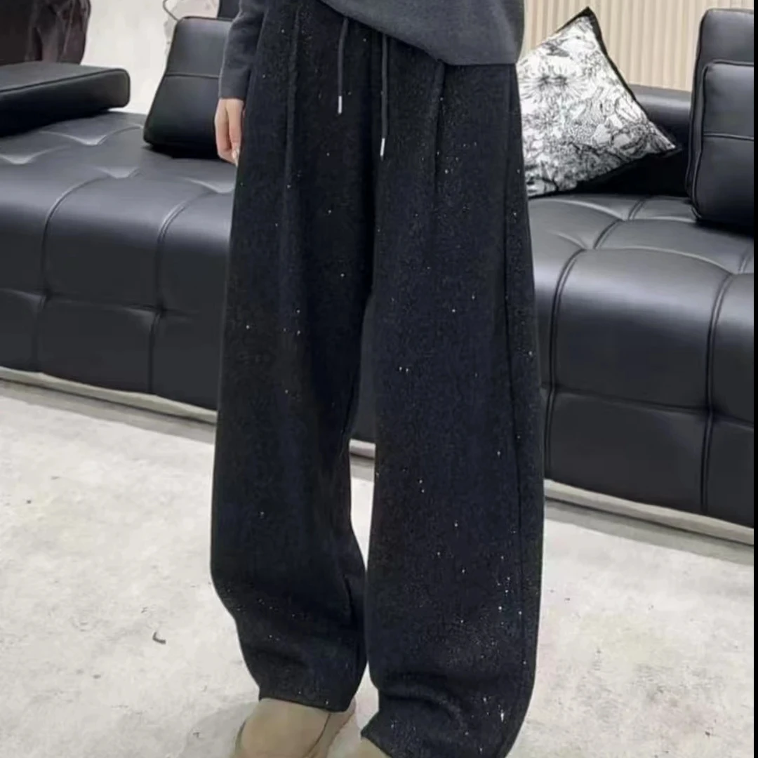 【银河】撒银工艺冬手加绒加厚高腰抽绳显瘦弯刀裤