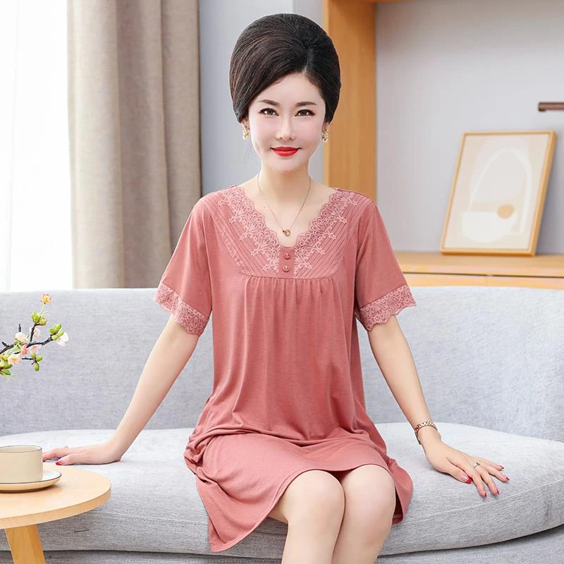 FAVMARTHA莫代尔睡裙女夏季中年妈妈短袖睡衣大码中长款家居
