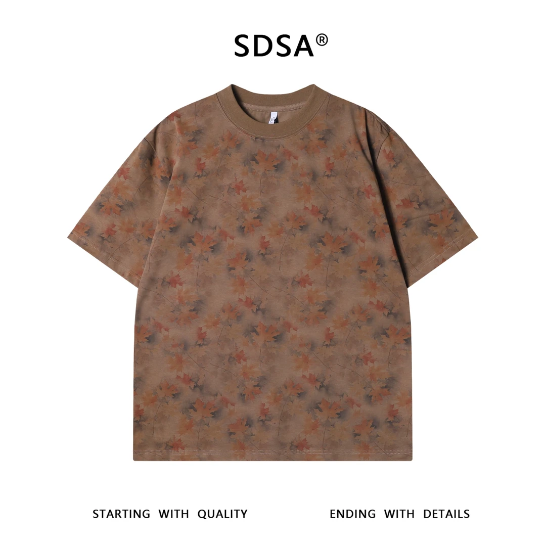 夏季高级感新款潮牌满印枫叶图案圆领短袖T恤百搭简约气质上衣