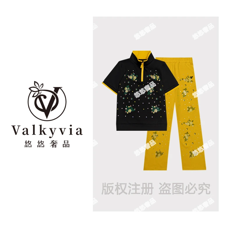【Valkyvia/悠悠奢品】烫钻彩色花朵满天星休闲套装TZ6759