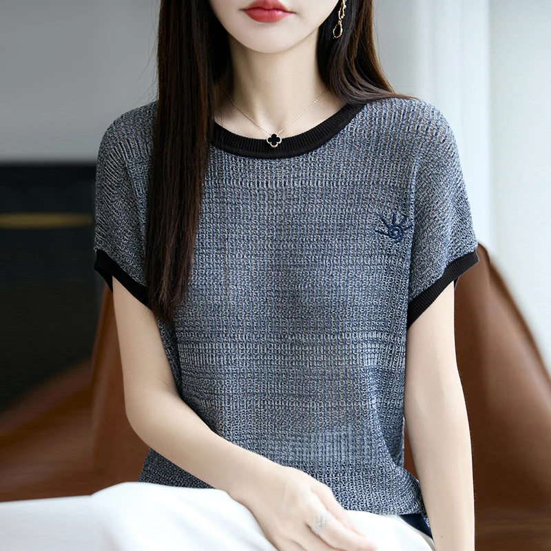 薄款镂空大码冰丝短袖T恤女宽松遮肚子显瘦洋气短款圆领针织上衣