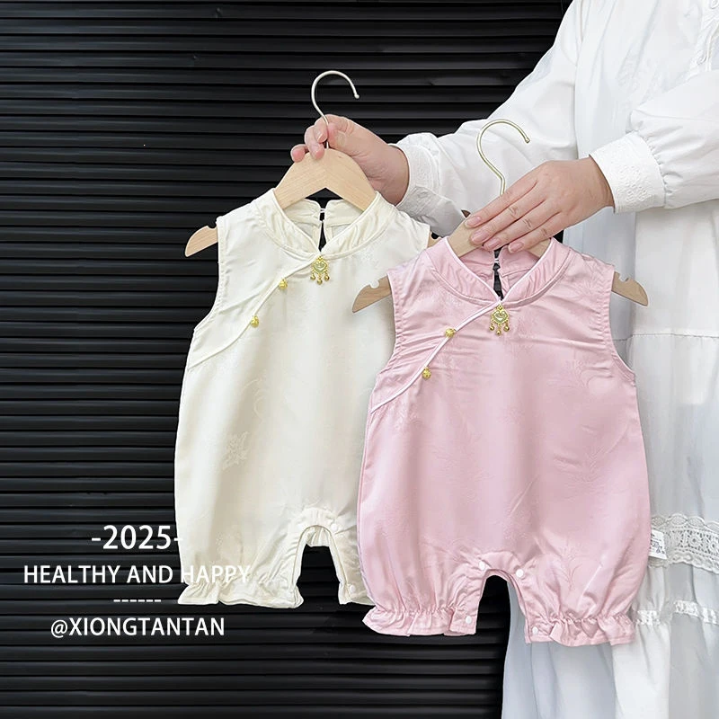 婴儿衣服夏季薄款无袖宝宝中国风连体衣小公主哈衣满月百天外出服