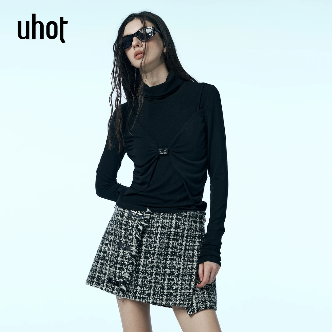 UHOT/诱货黑色堆堆领假两件上衣女秋冬纯色半高领打底衫UWWW5N296