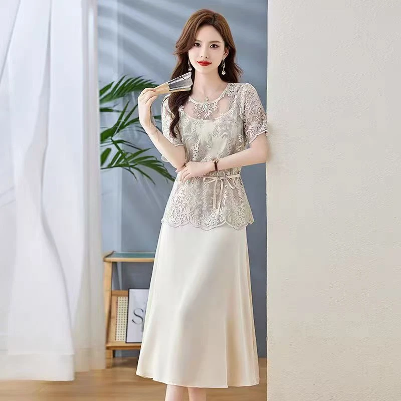 醋酸吊带连衣裙外搭镂空罩衫女2025夏季新款高级感轻奢风两件套装