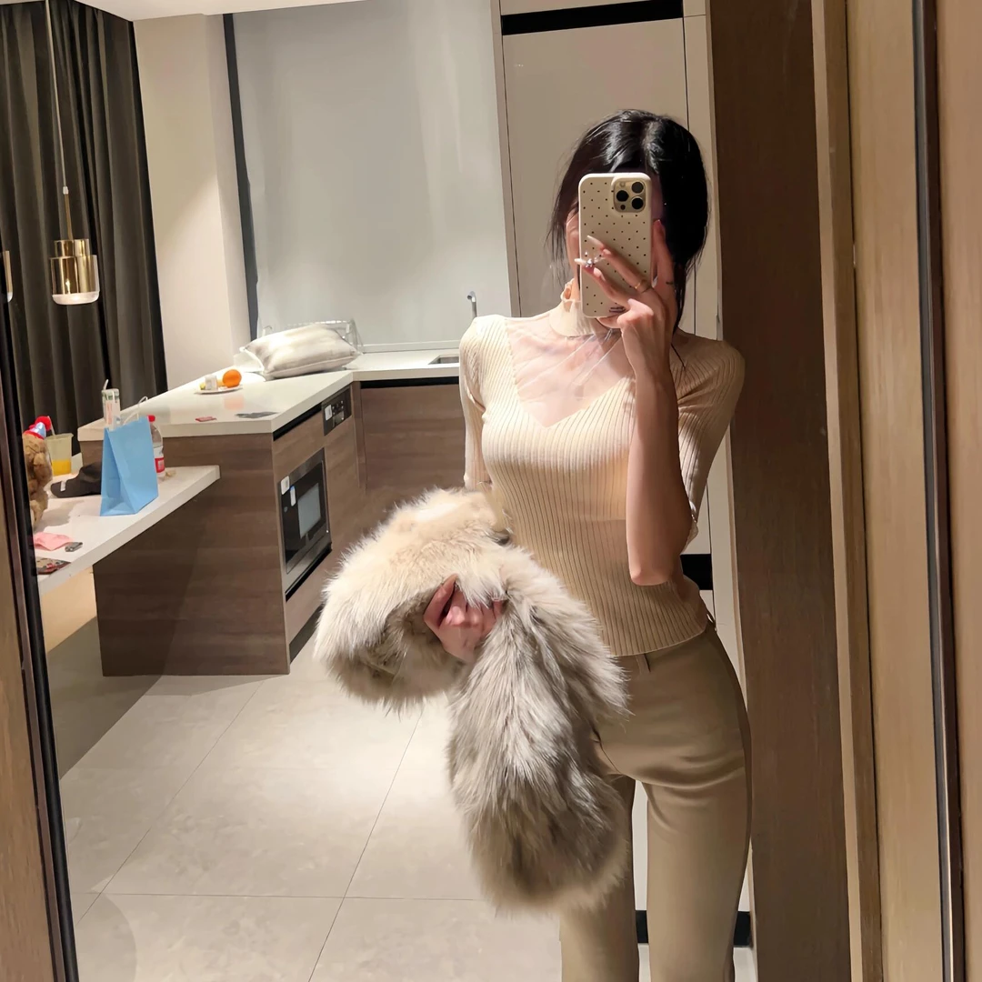 纯欲春网纱透视V领气质针织衫立领修身拼接打底衫百搭五分袖上衣