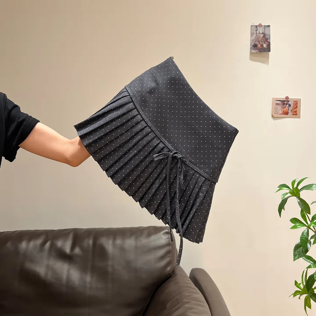 灰色波点百褶裙A字高腰裙女2025韩系早秋穿搭系带修身显瘦短裙子