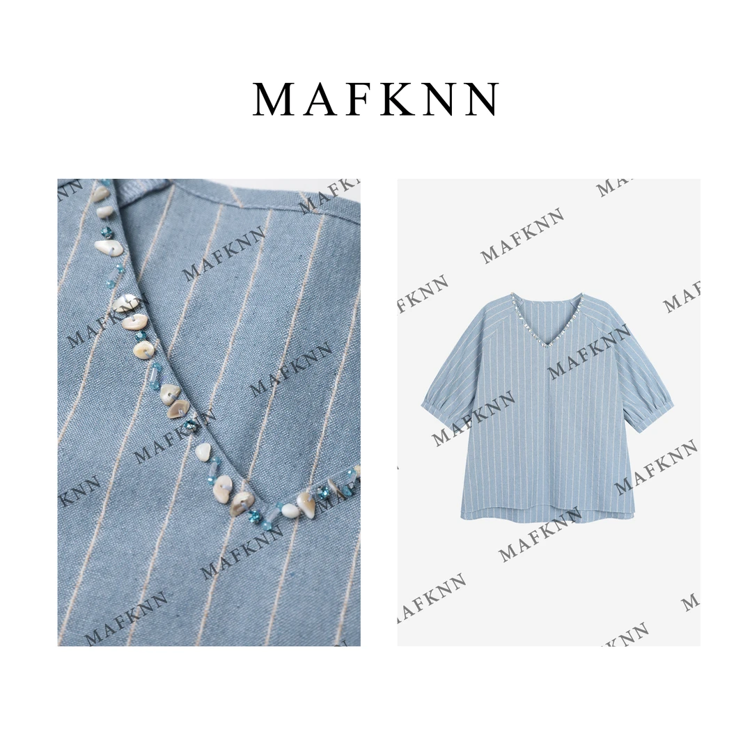 MAFKNN/玛肯时尚休闲简约纯色百搭夏季短袖条纹小衫上衣MK12225